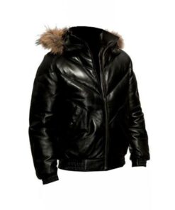 Men Black Leather Bomber Fur Jacket